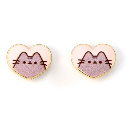 Pendientes dorados y esmaltados de corazónes rosa de Pusheen