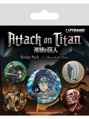 Set de chapas (5 unidades) Attack on Titan Medidas: 1 X 3,8 CM/ 4 x 2,5cm