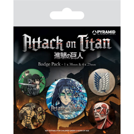 Set de chapas (5 unidades) Attack on Titan Medidas: 1 X 3,8 CM/ 4 x 2,5cm