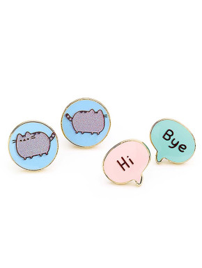 Set De Pendientes Hi , Bye Y Pusheen Dorados