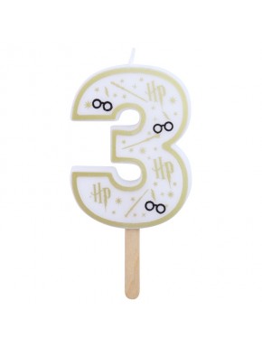 Vela de Cumpleaños Número 3 de Harry Potter en Blanco y Dorado