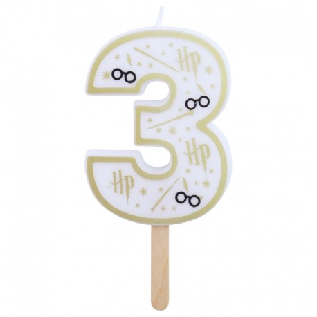 Vela de Cumpleaños Número 3 de Harry Potter en Blanco y Dorado