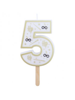 Vela de Cumpleaños Número 5 Harry Potter en Blanco y Dorado