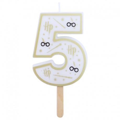 Vela de Cumpleaños Número 5 Harry Potter en Blanco y Dorado