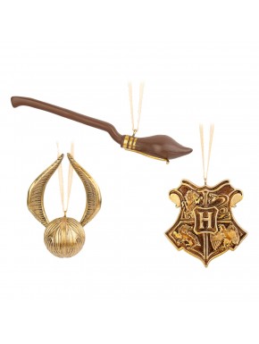 Set De 3 Adornos De Navidad Harry Potter-Snitch Dorada, Nimbus2000 Y Escudo Hogwarts