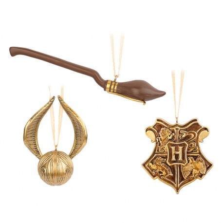 Set De 3 Adornos De Navidad Harry Potter-Snitch Dorada, Nimbus2000 Y Escudo Hogwarts