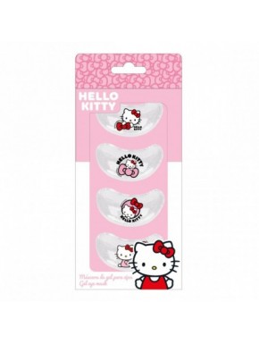 Máscaras de gel Hello Kitty para cuidado de ojos, fondo rosa.