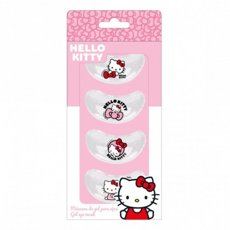 Máscaras de gel Hello Kitty para cuidado dos olhos, fundo rosa.