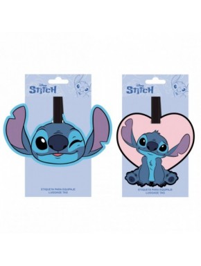 Étiquettes de voyage Stitch en caoutchouc, bleu et rose.