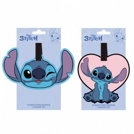 Étiquettes de voyage Stitch en caoutchouc, bleu et rose.