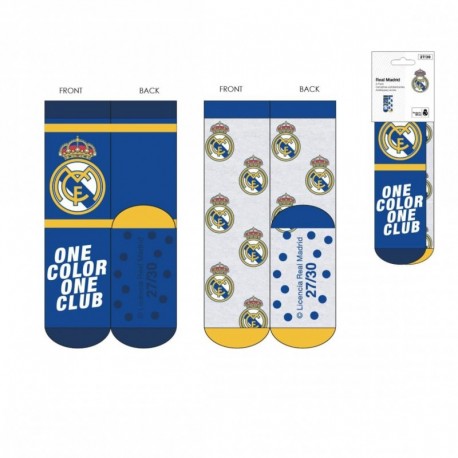 Chaussettes antidérapantes Real Madrid en bleu et gris avec logos