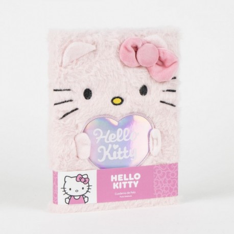 Cuaderno de pelo rosa Hello Kitty con lazo y corazón