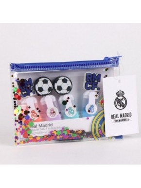 Subrayadores multicolor Real Madrid en estuche con diseño futbolístico.