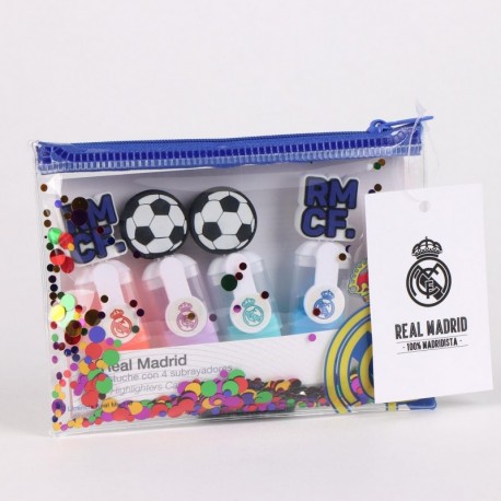 Surligneurs multicolores Real Madrid dans une pochette à thème footballistique.