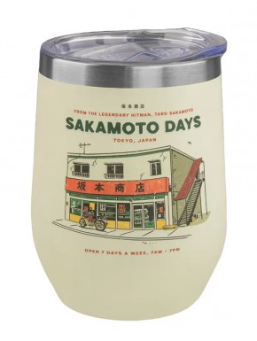 Sakamoto Days insulated travel mug with Tokyo shop design