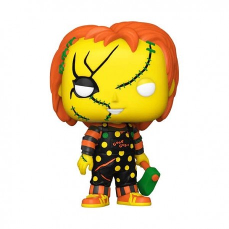 Figura POP de Chucky com cicatrizes e roupa listrada.