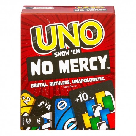 Caja y cartas del juego UNO No Mercy.