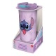 Termo de viaje lila con diseño de Stitch y palmeras