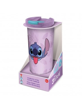 Termo de viaje lila con diseño de Stitch y palmeras