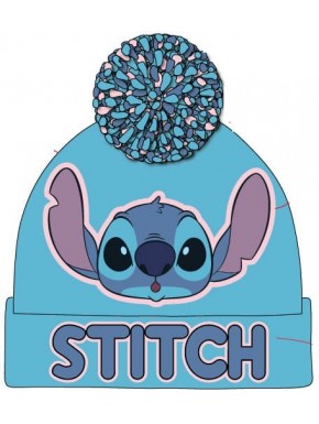 Gorro azul claro con imagen de Stitch y pom-pom