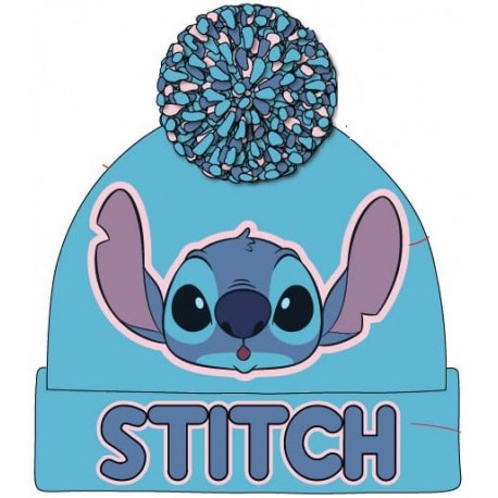 Gorro azul claro con imagen de Stitch y pom-pom