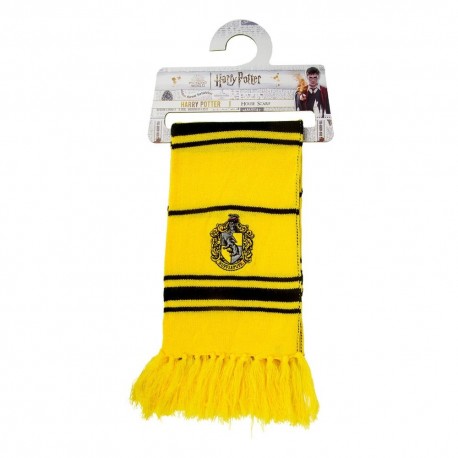 Bufanda amarilla Hufflepuff con rayas negras y escudo de Harry Potter