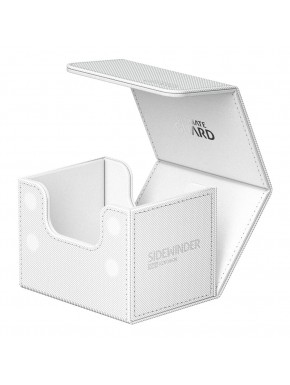 Estuche Ultimate Guard Sidewinder blanco abierto con cartas.