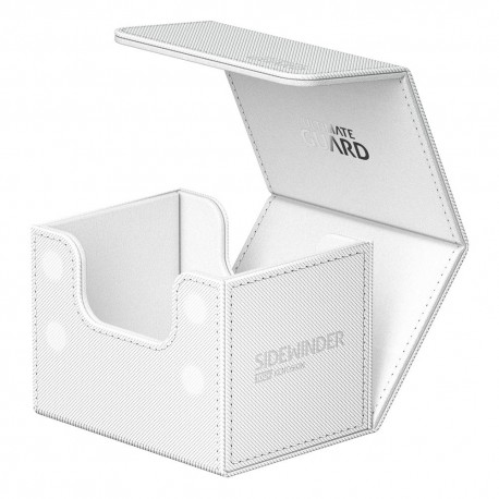 Étui Ultimate Guard Sidewinder blanc ouvert avec des cartes.