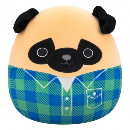 Pelúcia Pug marrom com camisa de flanela verde e azul