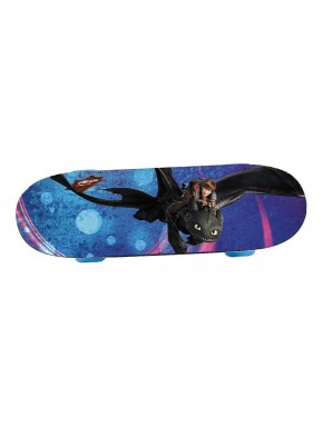 Skateboard bleu Dragons avec personnages.