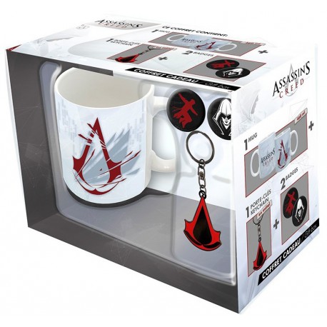 Pack regalo Assassins Creed Taza + Llavero + Chapas Logo