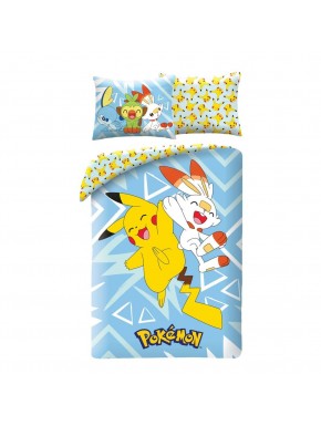 Funda nórdica Pokémon con Pikachu y amigos sobre fondo azul.