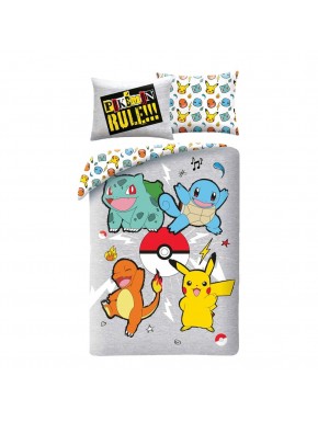Funda nórdica Pokémon con personajes Pikachu, Charmander, Squirtle y Bulbasaur.