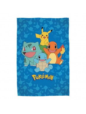 Manta azul con Pokémon iniciales Pikachu, Charmander, Squirtle y Bulbasaur