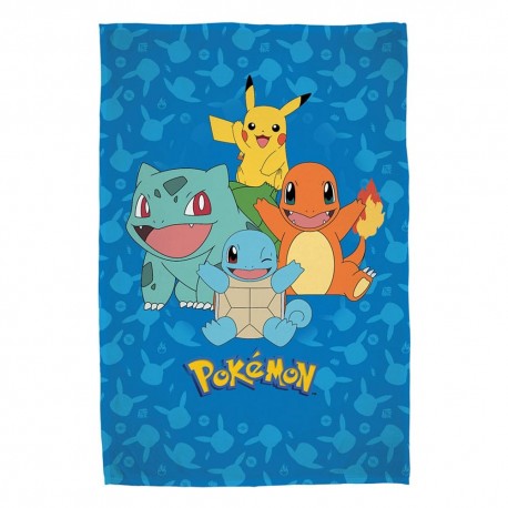 Manta azul con Pokémon iniciales Pikachu, Charmander, Squirtle y Bulbasaur