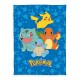 Manta azul con Pokémon iniciales Pikachu, Charmander, Squirtle y Bulbasaur