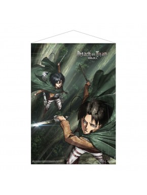 Póster de tela de Attack on Titan con Mikasa y Levi