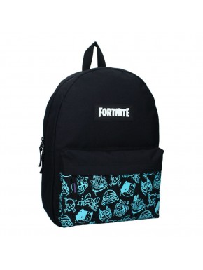 Mochila Fortnite negra con bolsillo y dibujos azules