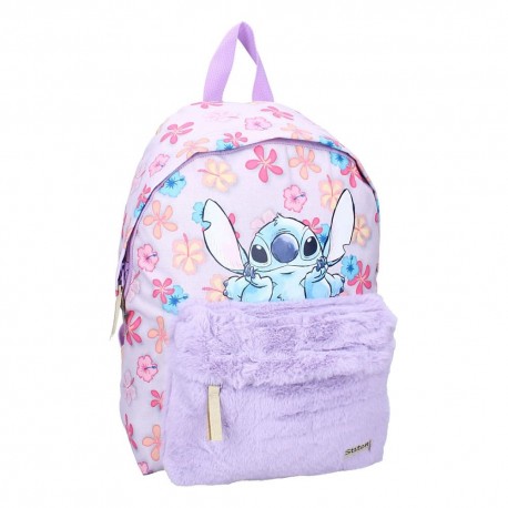 Mochila Lilo & Stitch con diseño floral y bolsillo peludo