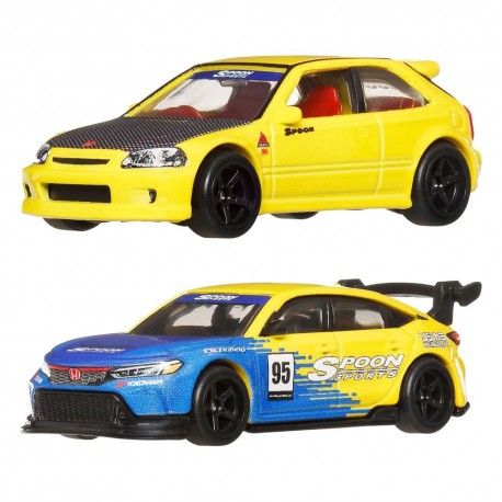 Dos modelos de Honda Civic Type R en azul y amarillo.