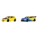 Dos modelos de Honda Civic Type R en azul y amarillo.