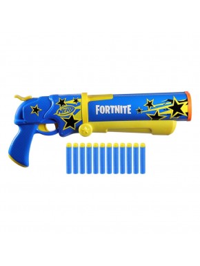 Lanceur NERF Fortnite bleu et jaune avec fléchettes.