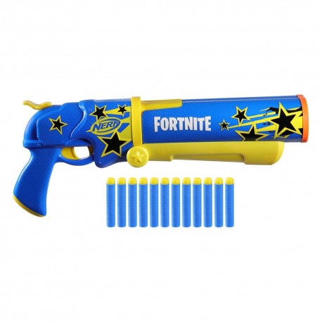 Lanzador NERF Fortnite azul y amarillo con dardos.