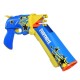 Lanzador NERF Fortnite azul y amarillo con dardos.