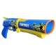 Lanzador NERF Fortnite azul y amarillo con dardos.