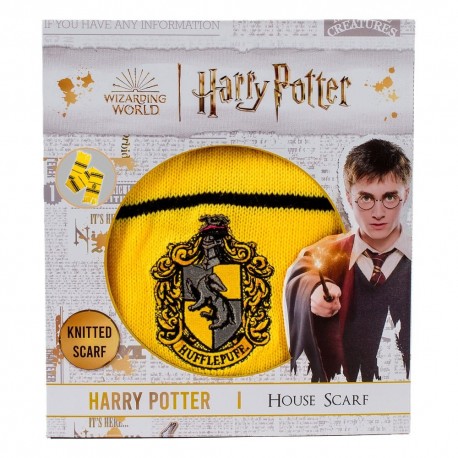 Bufanda amarilla con rayas negras y escudo de Hufflepuff