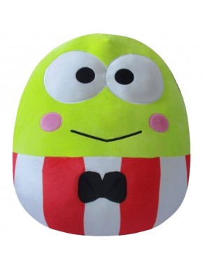 Pelúcia Sanrio Keroppi com terno listrado vermelho.