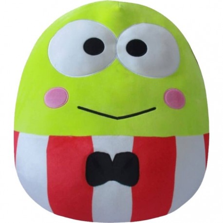 Pelúcia Sanrio Keroppi com terno listrado vermelho.