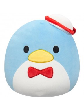 Pelúcia Squishmallows Sanrio Tuxedosam, 25 cm, azul e branco, com chapéu.