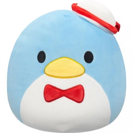 Pelúcia Squishmallows Sanrio Tuxedosam, 25 cm, azul e branco, com chapéu.